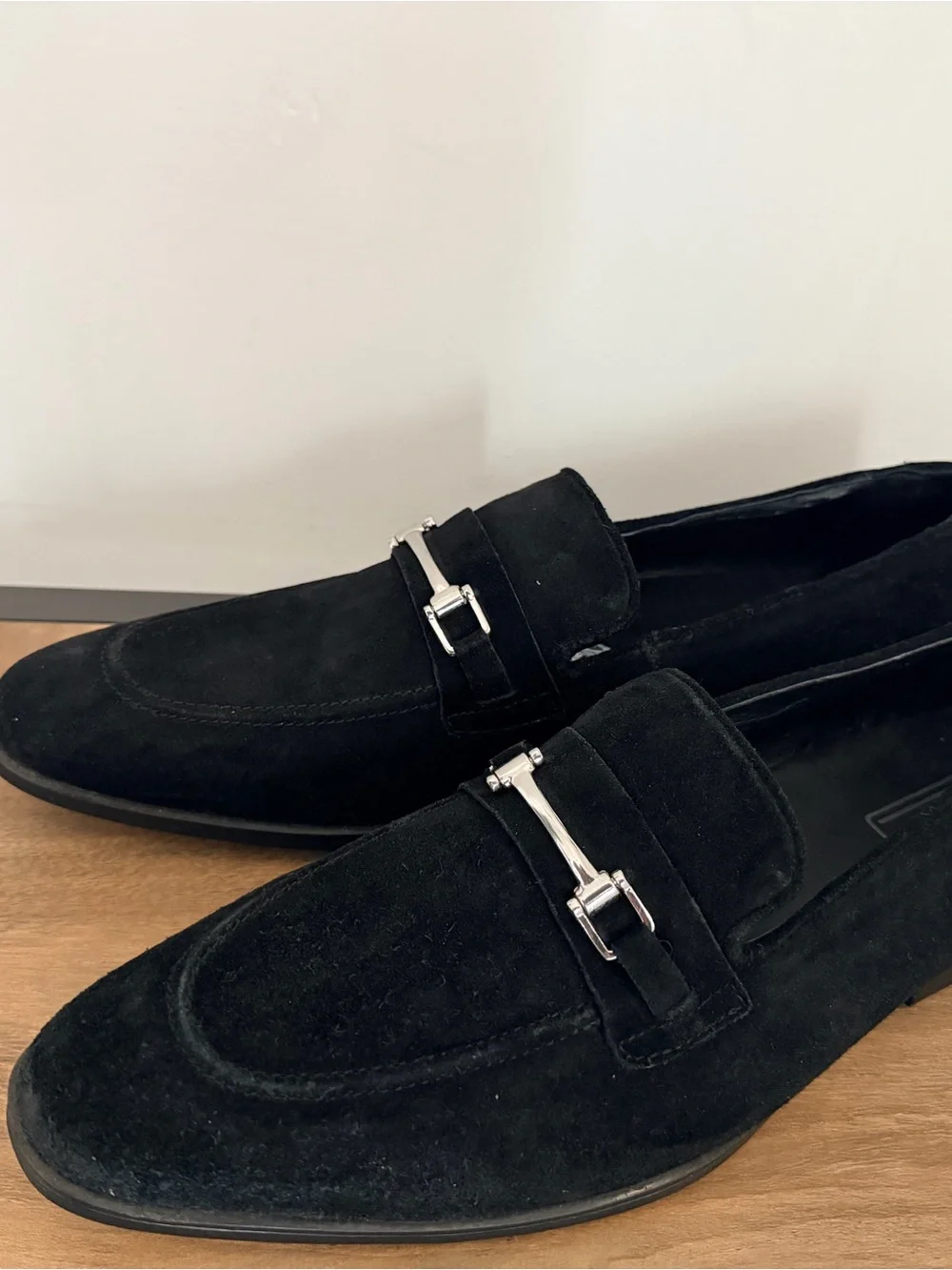 Men's Black Suede Slip-On Loafers with Silver Bit Hardware